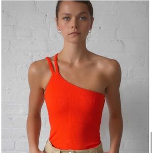 The Range Division Rib Braided One Shoulder Tank Top Rose Dawn Red Size XS